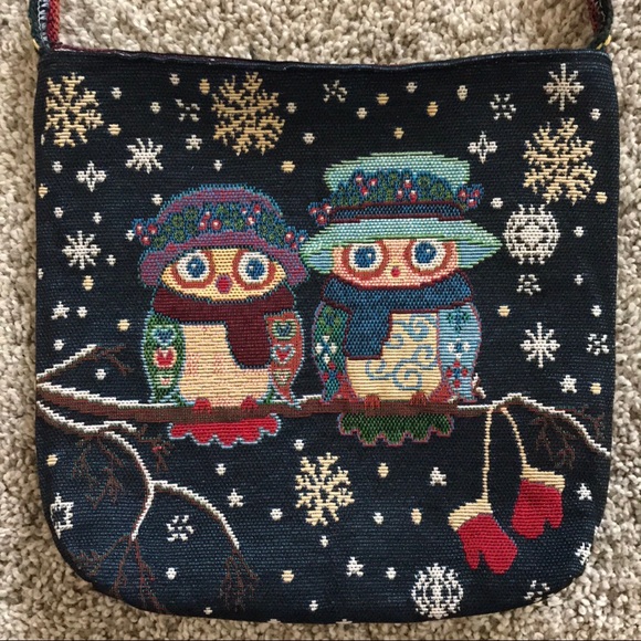 NWT Woven Cross-Body Bag w/Owls in Hats & Snow - Picture 3 of 9